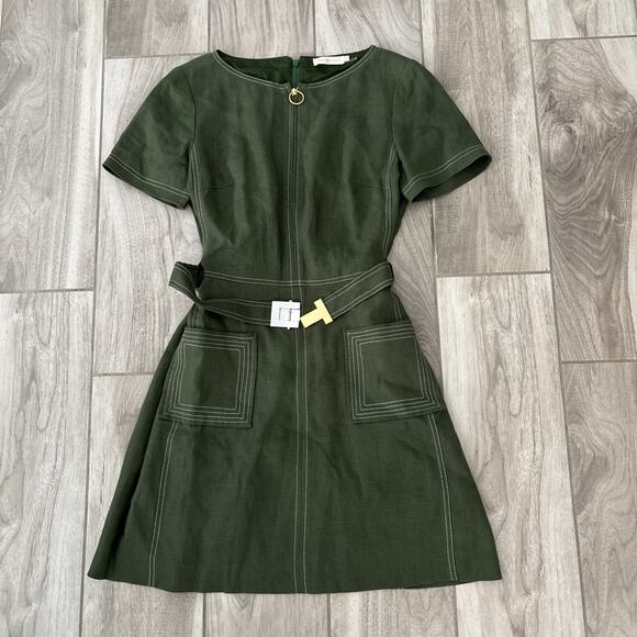Tory Burch Nadia Dress Green Linen Short Sleeve Size 6 Belted Lined Zip Green - Picture 1 of 13